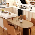 Modern Restaurant Interior With Open Kitchen White Cabinets Marble Island Dining Table Beige Chairs
