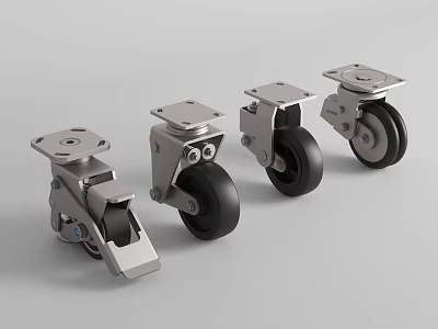 Heavy Duty Metal Caster Wheels With Black Rubber Tires And Locking Brakes 3d model