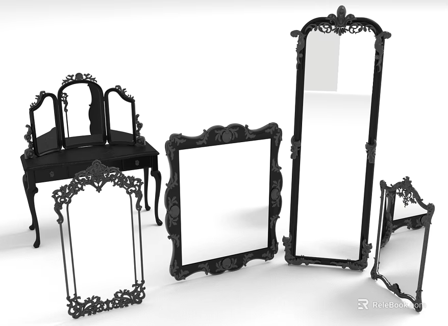 Vintage Ornate Black Decorative Mirrors And Vanity Table For Home Living 3d model 