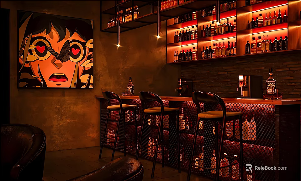 Modern Bar Interior With High Stools Bottle Shelves Wall Art And Warm Lighting 3d model 