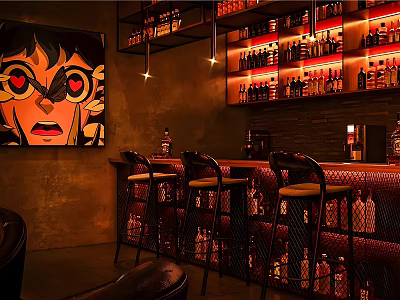 Modern Bar Interior With High Stools Bottle Shelves Wall Art And Warm Lighting 3d model