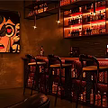 Modern Bar Interior With High Stools Bottle Shelves Wall Art And Warm Lighting