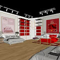 Modern Home Store Showcasing Bedding Furniture And Home Goods With Red White Shelves