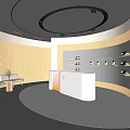 Modern Front Desk Reception With Circular Ceiling Wooden Walls White Desk Bench And Display Shelves