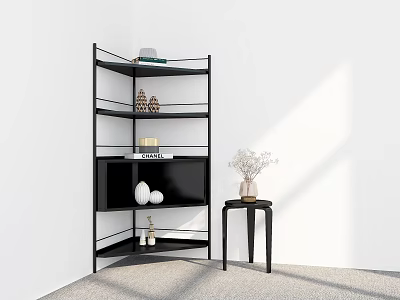 Modern Black Corner Multi Tier Shelf With Decorative Items And Side Table 3d model