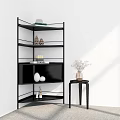 Modern Black Corner Multi Tier Shelf With Decorative Items And Side Table