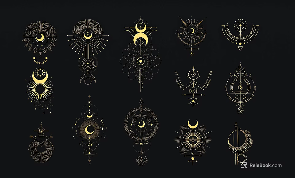 Golden Mystical Wall Decor With Moon Sun Symbols And Geometric Patterns 3d model