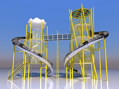 Outdoor Playground Equipment with Yellow Frame Twisting Slides Cloud Decoration and Connecting Platform 3d model