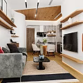 Modern Natural Wood Open Plan Living And Dining Room With Integrated Functional Kitchen Space