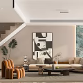 Modern Living Dining Room Interior With Orange Armchairs Beige Sofa And Abstract Painting