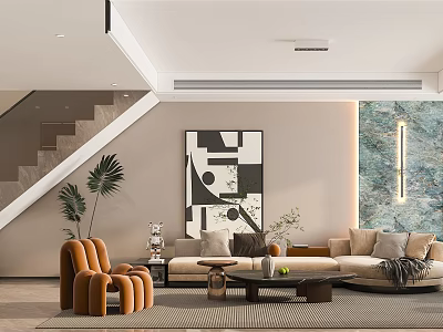 Modern Living Dining Room Interior With Orange Armchairs Beige Sofa And Abstract Painting 3d model