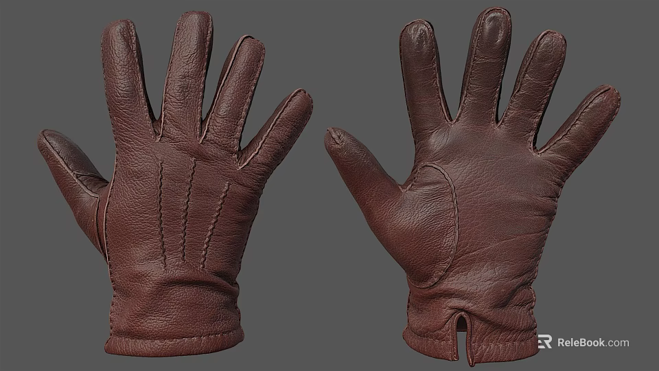 Pair of Brown Leather Gloves with Left and Right Hand Stitching Design Details 3d model 