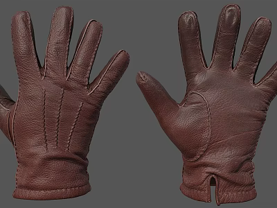 Pair of Brown Leather Gloves with Left and Right Hand Stitching Design Details 3d model