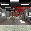 School Dining Space With Tables Chairs Windows And Red Star Ceiling Decorations 3d model