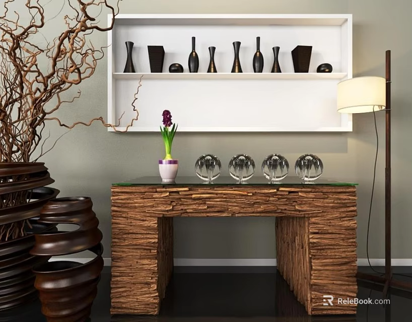 Stylish Console Table with Glass Top Woven Base Purple Flower Pot and Transparent Glass Orbs 3d model 