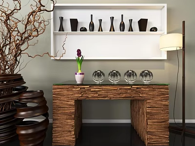 Stylish Console Table with Glass Top Woven Base Purple Flower Pot and Transparent Glass Orbs 3d model