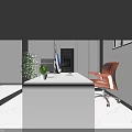 Modern Public Office Space With Desks Computers Sofa Seating Marble Flooring And Decorative Paintings