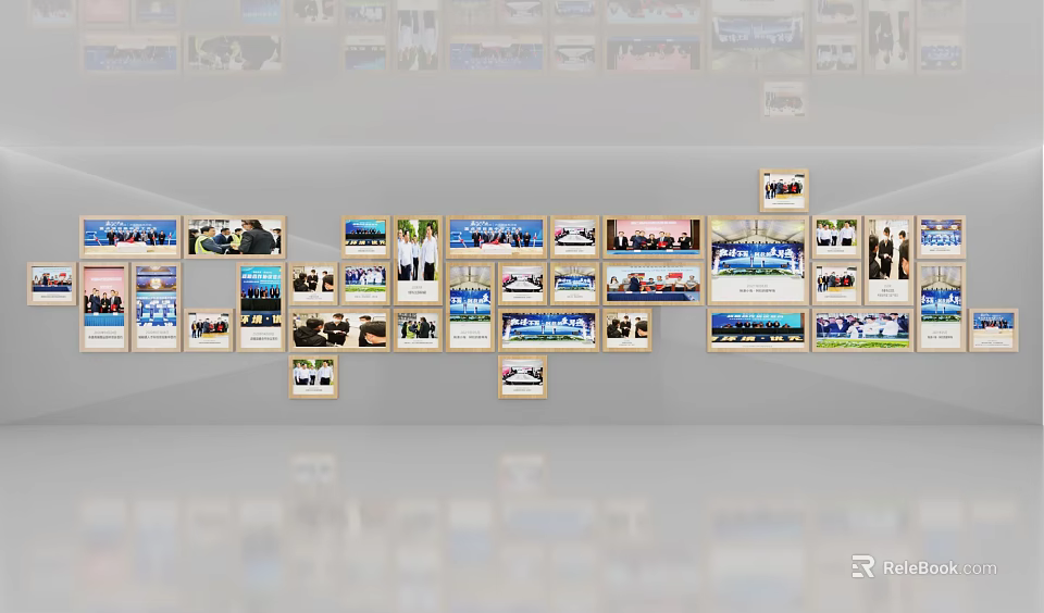 Gallery Wall with Various Photos Showing Different Scenes and People Activities 3d model 