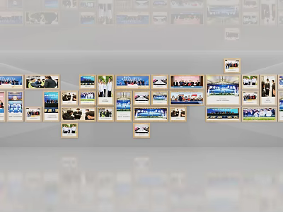 Gallery Wall with Various Photos Showing Different Scenes and People Activities 3d model