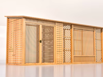 Traditional Wooden House Exterior With Sliding Doors Shutters And Lattice Design 3d model