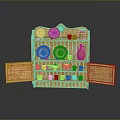 Wooden Display Cabinet With Open Doors Containing Ceramic Plates Green Vase And Colorful Cups