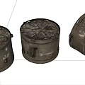 Industrial Equipment Worn Metal Drums With Handles And Lidded Surface Patterns
