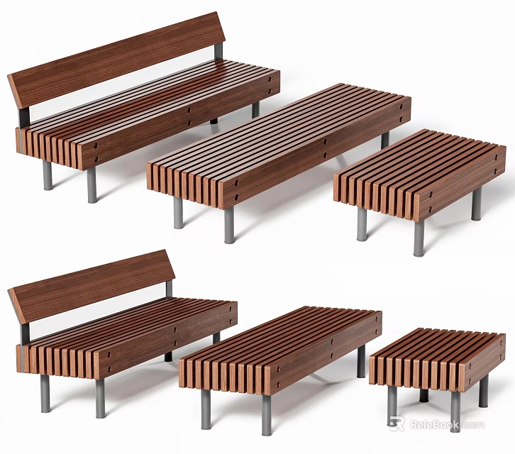 Modern Wooden Stools Featuring Slatted Seats And Metal Legs Design 3d model 