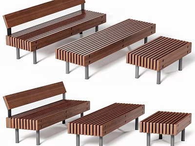 Modern Wooden Stools Featuring Slatted Seats And Metal Legs Design 3d model