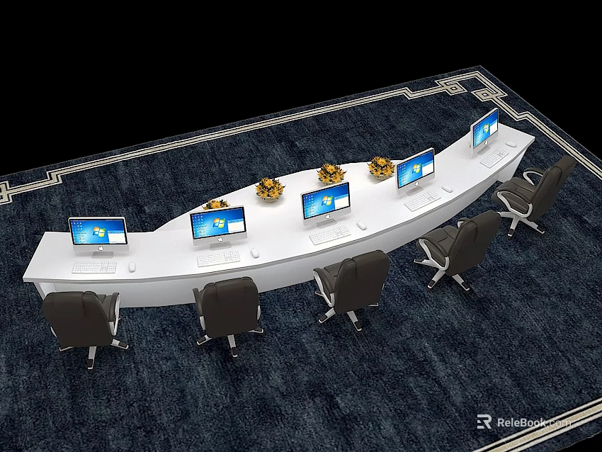 Curved White Office Desk with Multiple Computer Monitors Chairs and Golden Decorations on Dark Carpet 3d model 