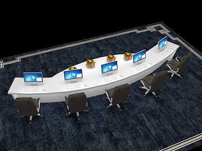 Curved White Office Desk with Multiple Computer Monitors Chairs and Golden Decorations on Dark Carpet 3d model