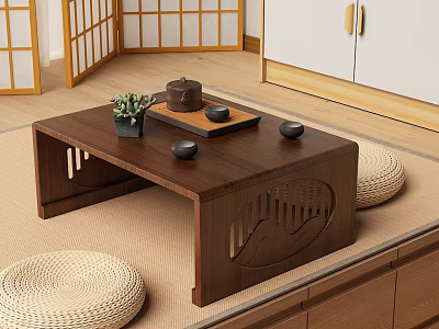 Japanese Style Wooden Tea Table with Cushions and Tea Set on Tatami Mat 3d model