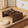 Japanese Style Wooden Tea Table with Cushions and Tea Set on Tatami Mat