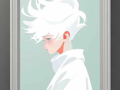 Character Portrait with White Fluffy Hair Side Profile in White Turtleneck and Light Green Background 3d model