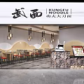 Kung Fu Noodle Restaurant Interior With Wooden Tables Hanging Lights Stone Counter And Menu