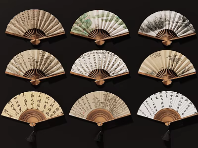 Traditional Chinese Folding Fan Wall Hangings With Artistic Patterns And Tassels 3d model