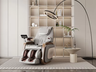 Modern Massage Chair in Elegant Interior with Bookshelf Floor Lamp and Potted Plant 3d model