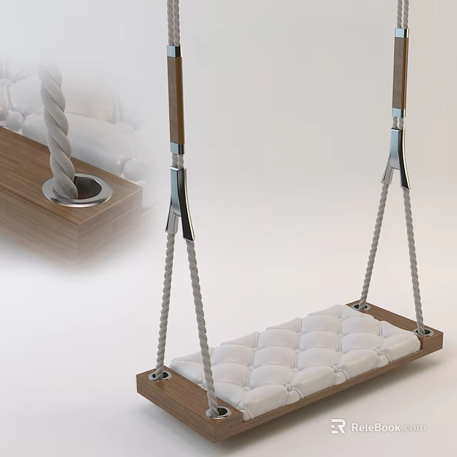 Comfortable Hanging Chair With Wooden Frame White Padded Cushion And Rope 3d model 