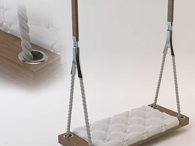Comfortable Hanging Chair With Wooden Frame White Padded Cushion And Rope 3d model