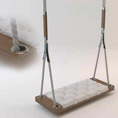 Comfortable Hanging Chair With Wooden Frame White Padded Cushion And Rope 3d model