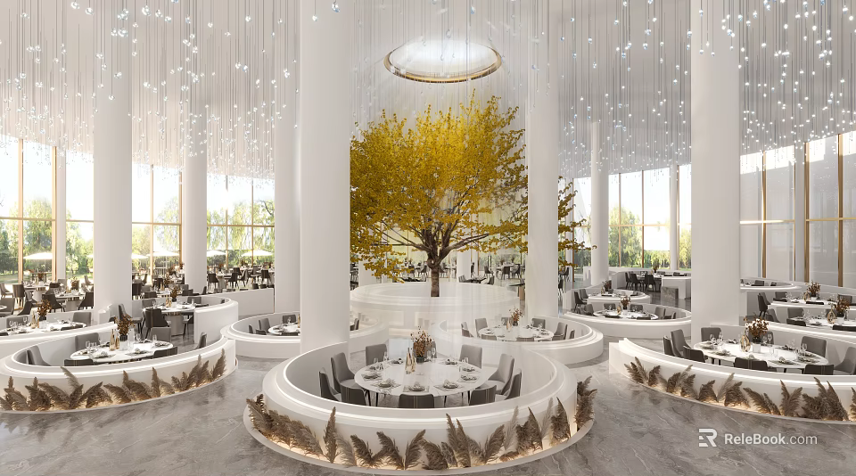 Luxurious Modern Restaurant Interior With Round Dining Tables Yellow Tree And White Columns 3d model 