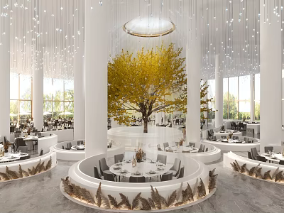 Luxurious Modern Restaurant Interior With Round Dining Tables Yellow Tree And White Columns 3d model