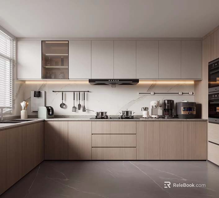 Modern Kitchen Interior Design With Light Gray Wood Cabinets Countertop And Appliances 3d model 