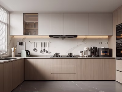 Modern Kitchen Interior Design With Light Gray Wood Cabinets Countertop And Appliances 3d model