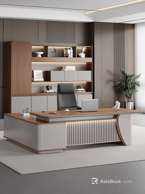 Modern Office Interior With Wooden Desk Black Chair Laptop Decorative Bookshelf And Green Plant 3d model 