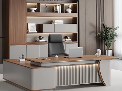 Modern Office Interior With Wooden Desk Black Chair Laptop Decorative Bookshelf And Green Plant 3d model