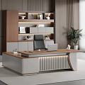 Modern Office Interior With Wooden Desk Black Chair Laptop Decorative Bookshelf And Green Plant