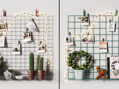 Decorative Wall Cabinets With Grid Design Photos Cactus Wreath And Small Ornaments 3d model