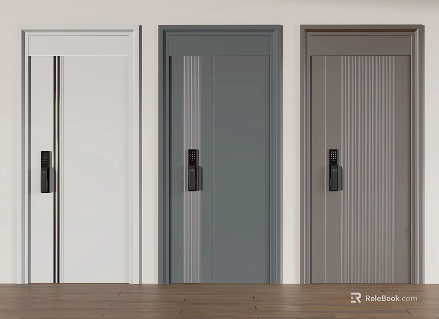 Three Modern Hinged Doors In Different Colors With Frames And Handles 3d model