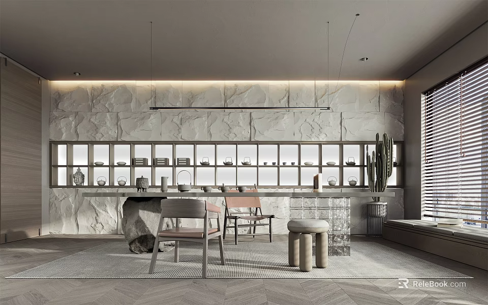 Modern Tea Room Interior With Stone Wall Display Shelves Teaware Tables Chairs And Lighting 3d model 