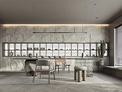 Modern Tea Room Interior With Stone Wall Display Shelves Teaware Tables Chairs And Lighting 3d model